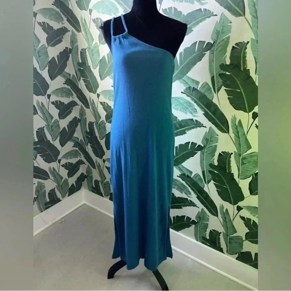Ribbed One Shoulder Blue MIDI Dress with double side slits size L Tall